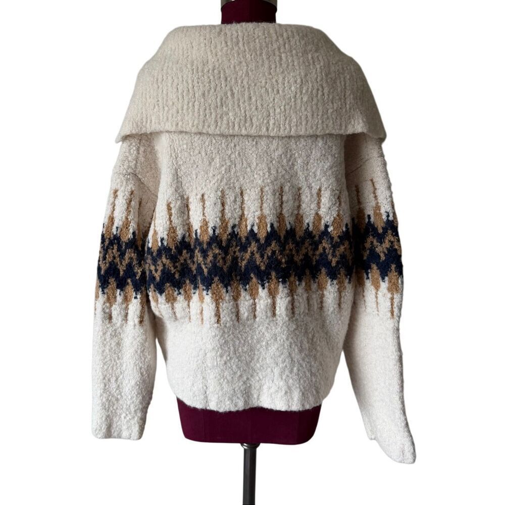 J Crew Sweater Fair Isle Johnny-Collar Boucle Yarn Wool Blend Cream Tan Large - Picture 4 of 10